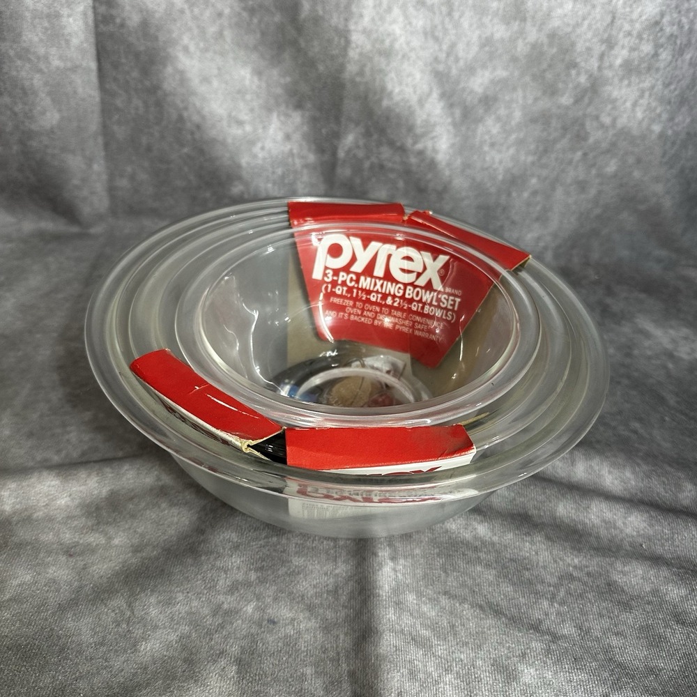 NOS Vintage Clear Pyrex Three-Piece Mixing Bowl Set One Qt, 1.5 Qt, 2.5 Qt Bowls